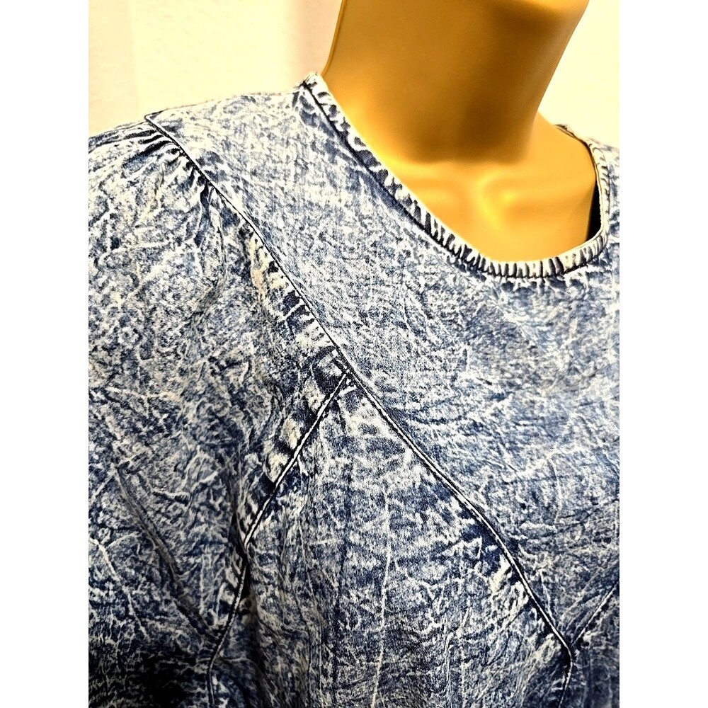 Chambray Blue Acid Wash Dress Lg 100% Cotton Stone Washed Boho Shift Puff Sleeve